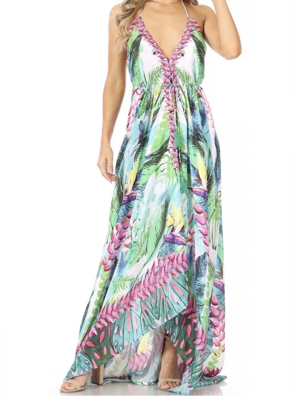 Sakkas Lizi Embellished Hawaiian Maxi Dress OS Beaded High Low Flowy Halter Luxe